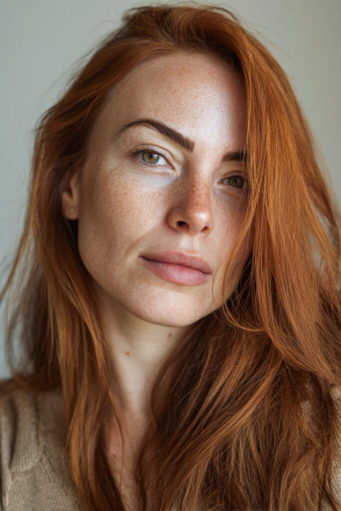 Warm auburn hair color that enhances hazel eyes