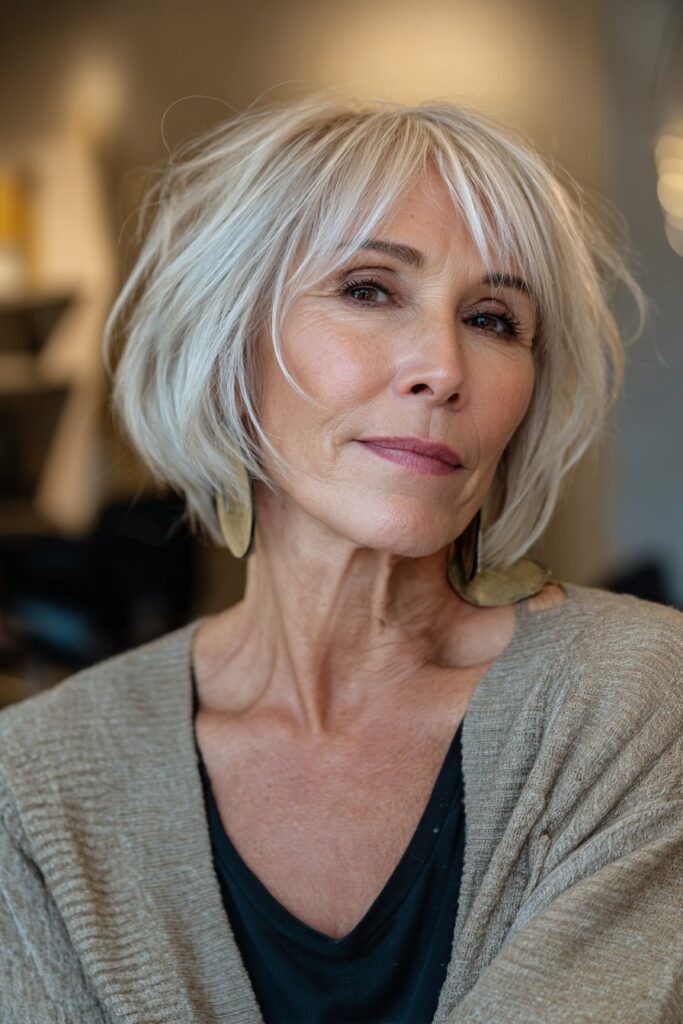 Angled bob hairstyle for thin hair over 60 with face-framing layers