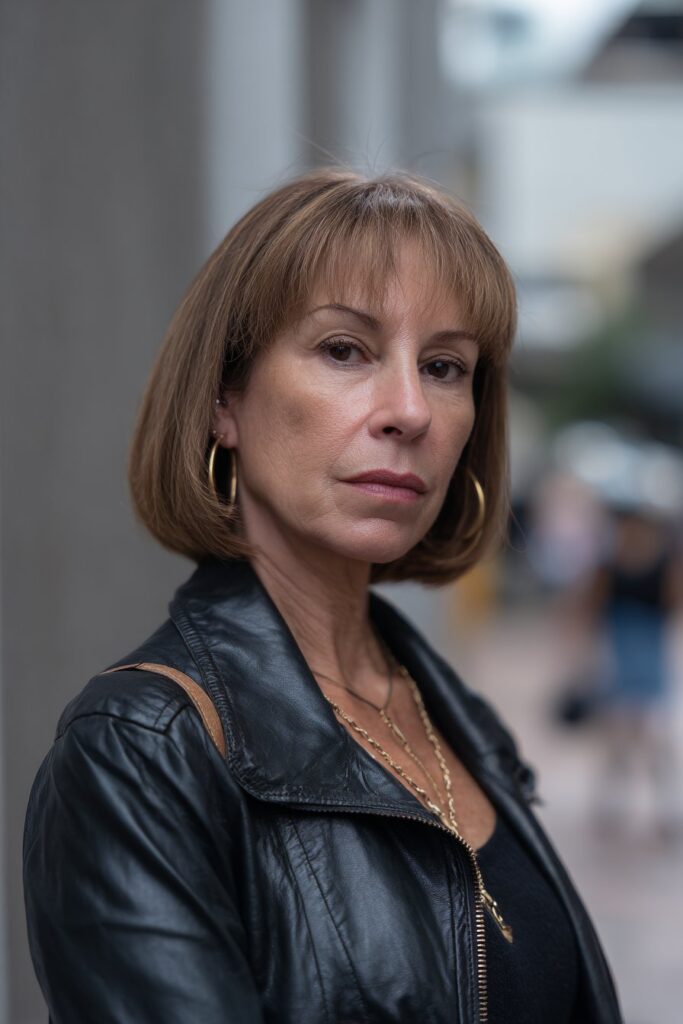 Angled lob haircut for women over 50 with bottleneck bangs