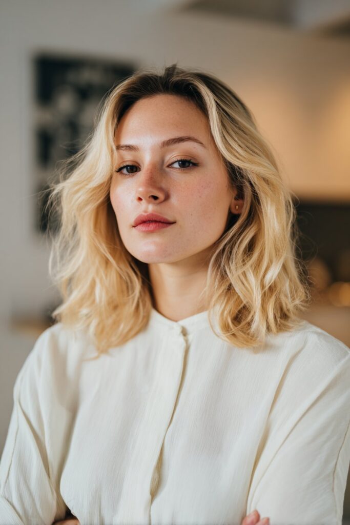 Ash blonde hair color with cool toned soft finish