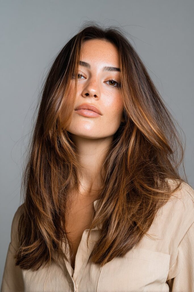 Ash brown babylights on dark brown hair with soft tone