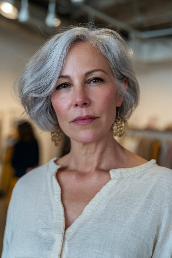 Asymmetrical bob haircut for women over 50 with effortless low maintenance style