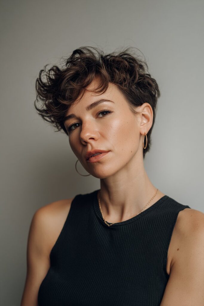 Asymmetrical pixie haircut for frizzy hair with modern shape