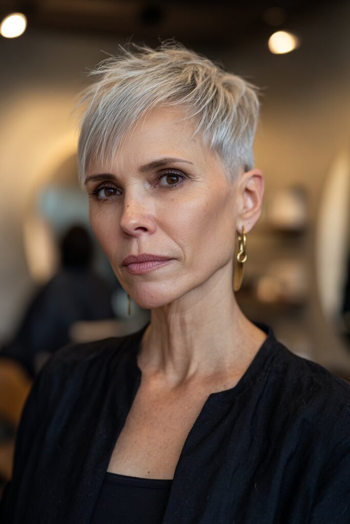 Asymmetrical pixie haircut with long side fringe for mature women