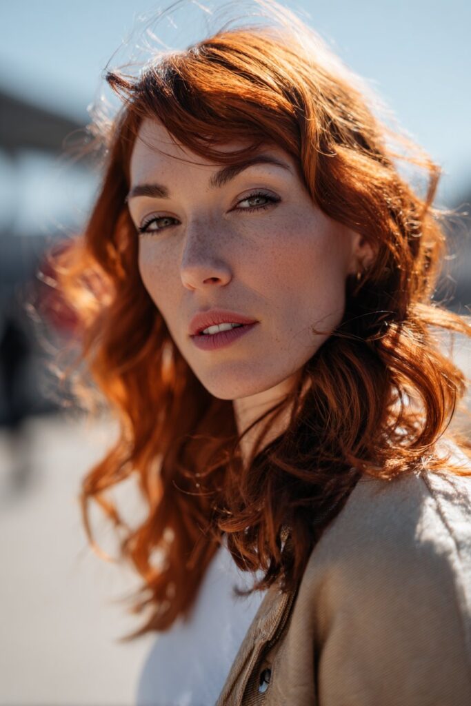 Auburn color melt highlights on dark brown hair