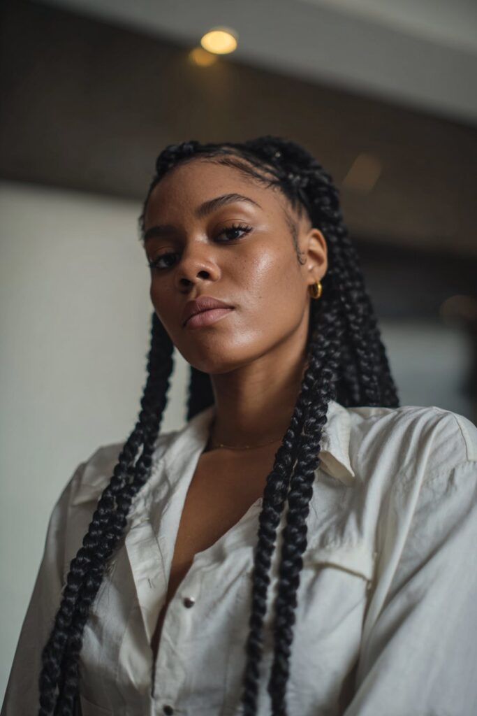 Baddie jumbo knotless braids with styled baby hairs