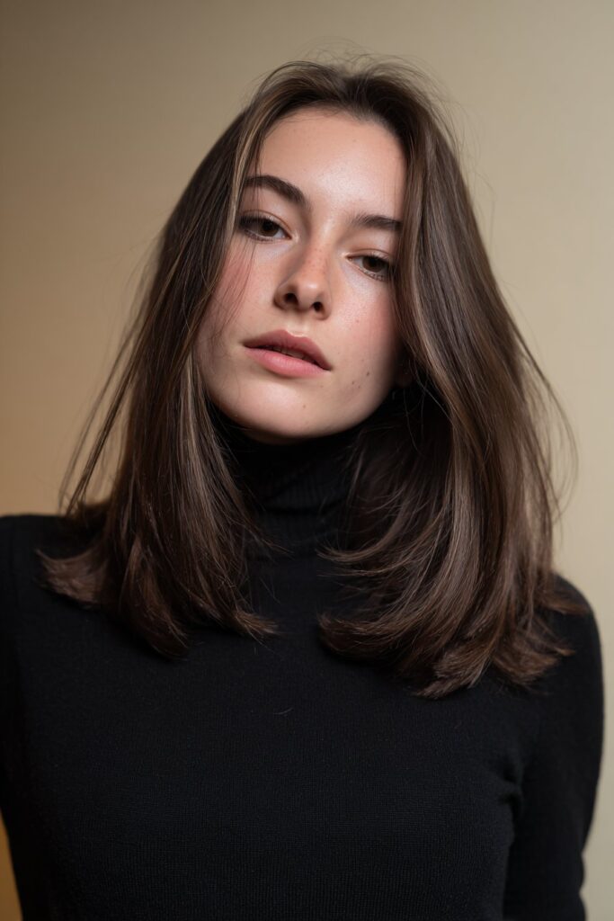 Beige gold money piece highlights on dark brown hair