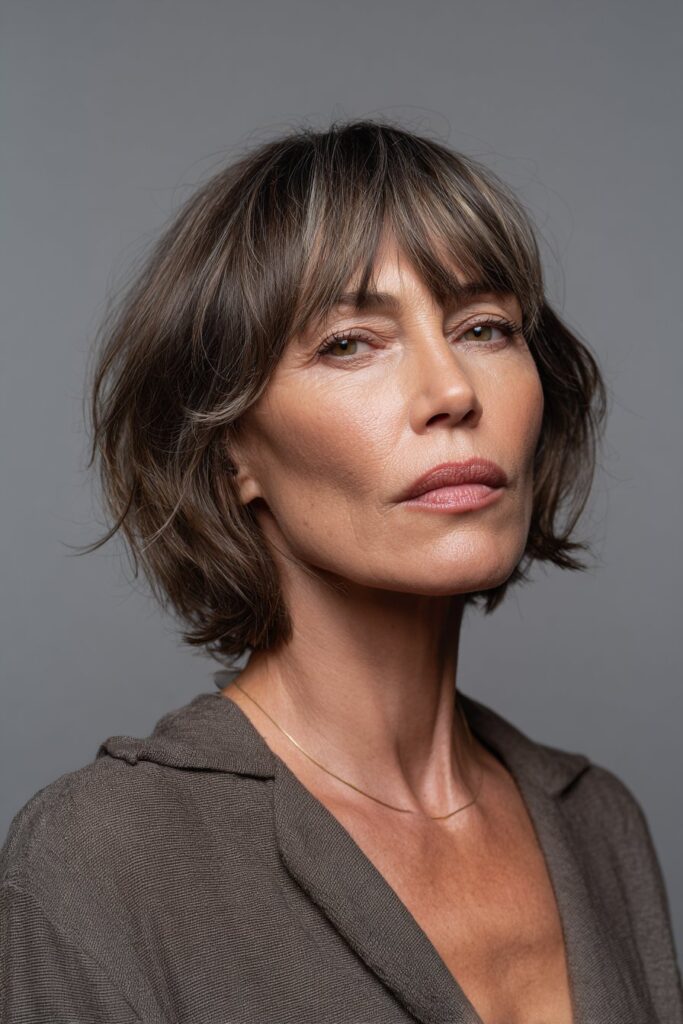 Bixie haircut for women over 50 with textured bangs and volume