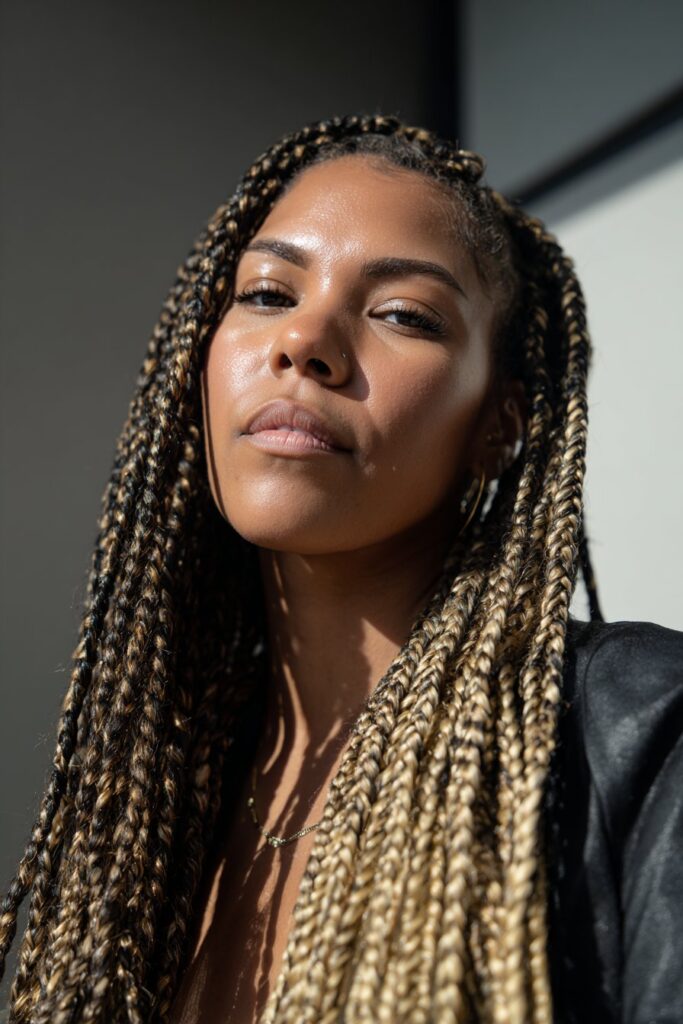 Blonde peekaboo highlights on dark knotless braids