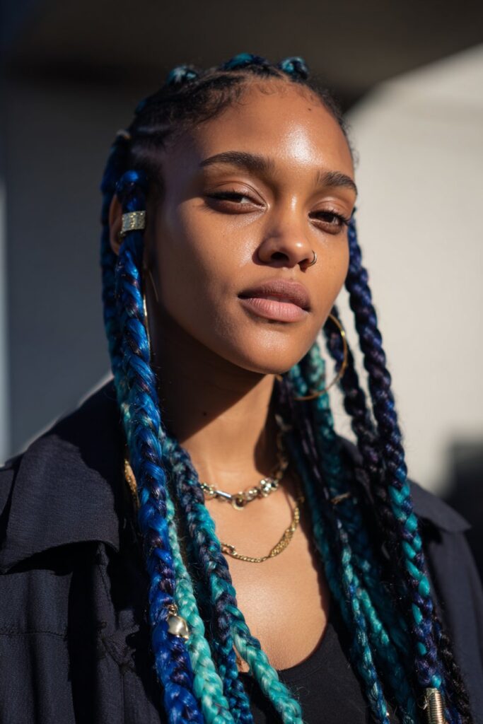 Blue and green peekaboo boho braids with wavy texture