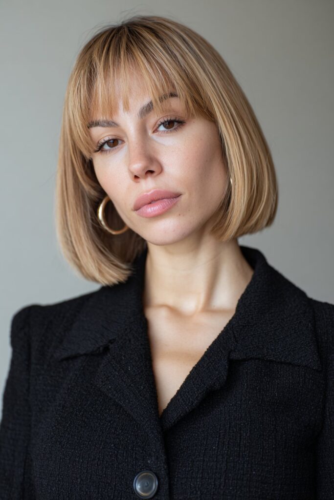 Blunt long curtain bangs with soft layers for oblong face