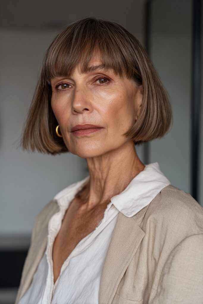 Blunt cut bob for thin fine hair over 60 with minimal layers