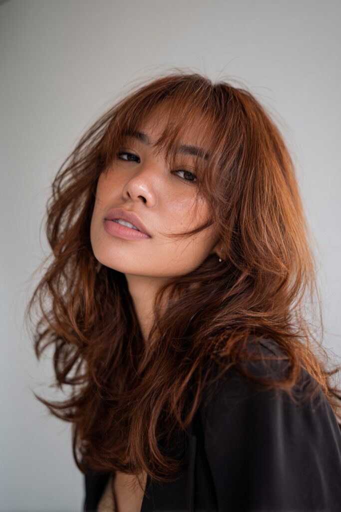 Bouncy blowout medium hairstyle with curtain bangs