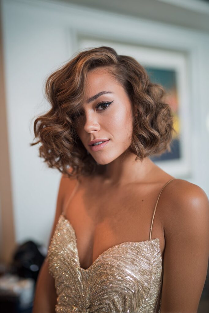 Bouncy curled bob prom hairstyle for medium hair