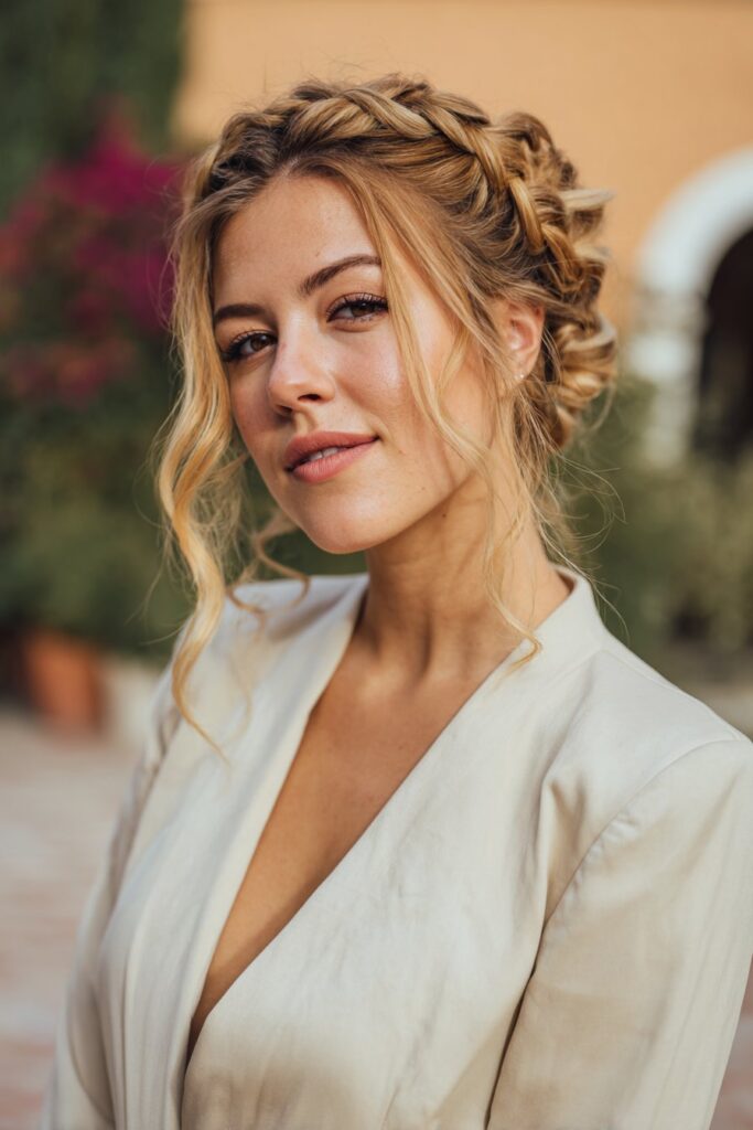 Braided crown fancy hairstyle with soft romantic look