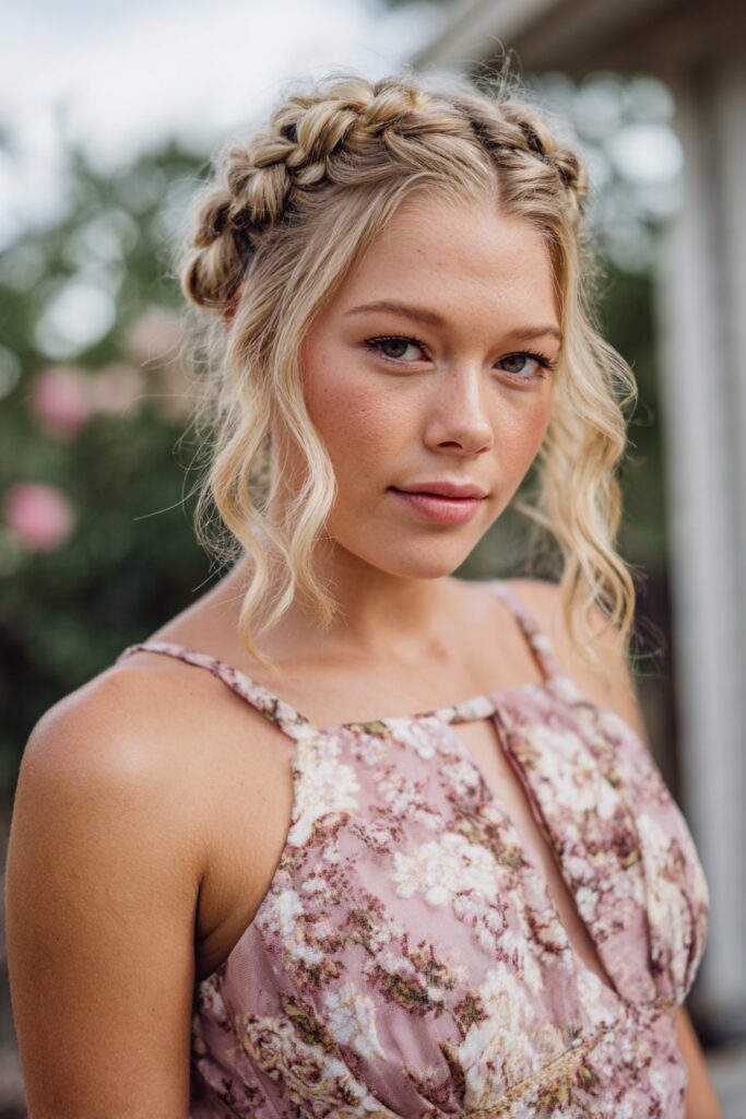 Braided crown prom hairstyle for medium length hair