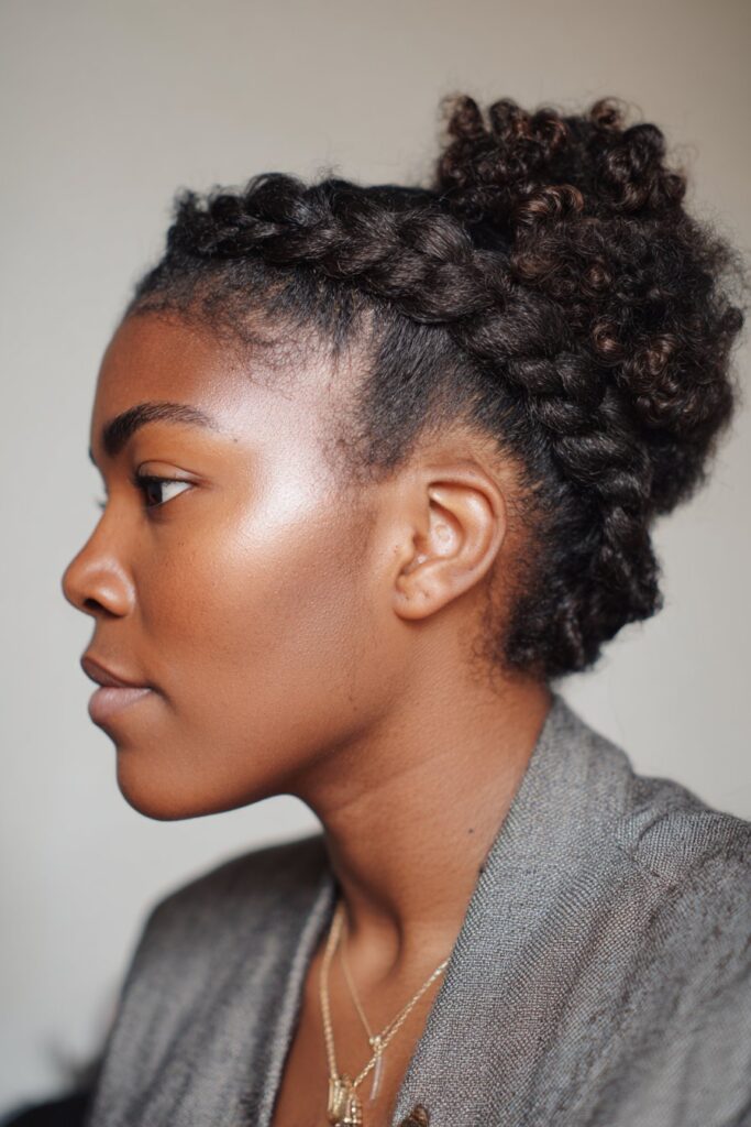 Braided crown with curly bun hairstyle on Black hair