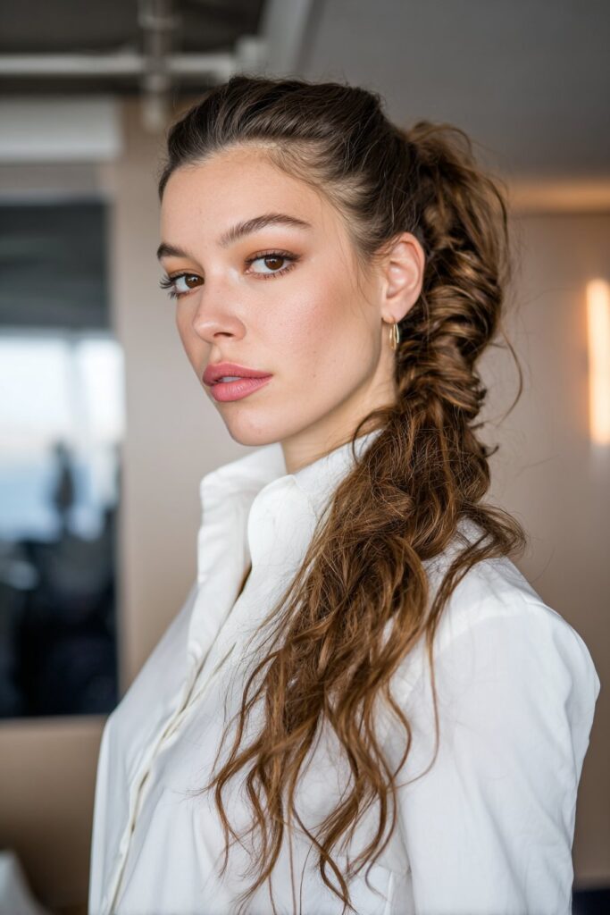 Braided low ponytail fancy hairstyle for elegant look