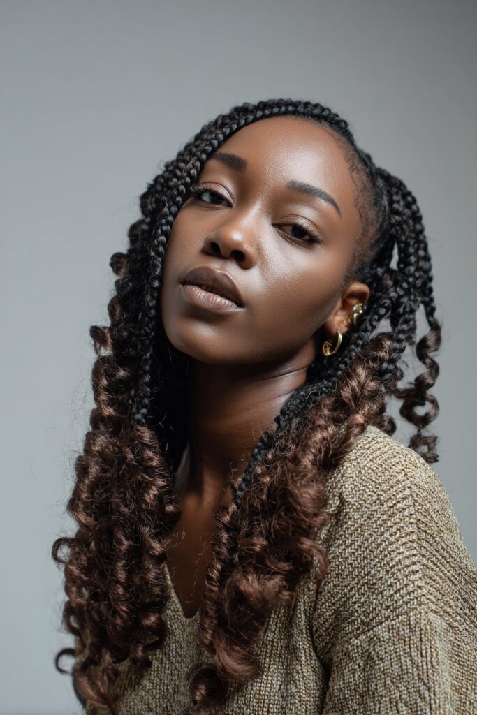 Burgundy peekaboo braids with curly ends