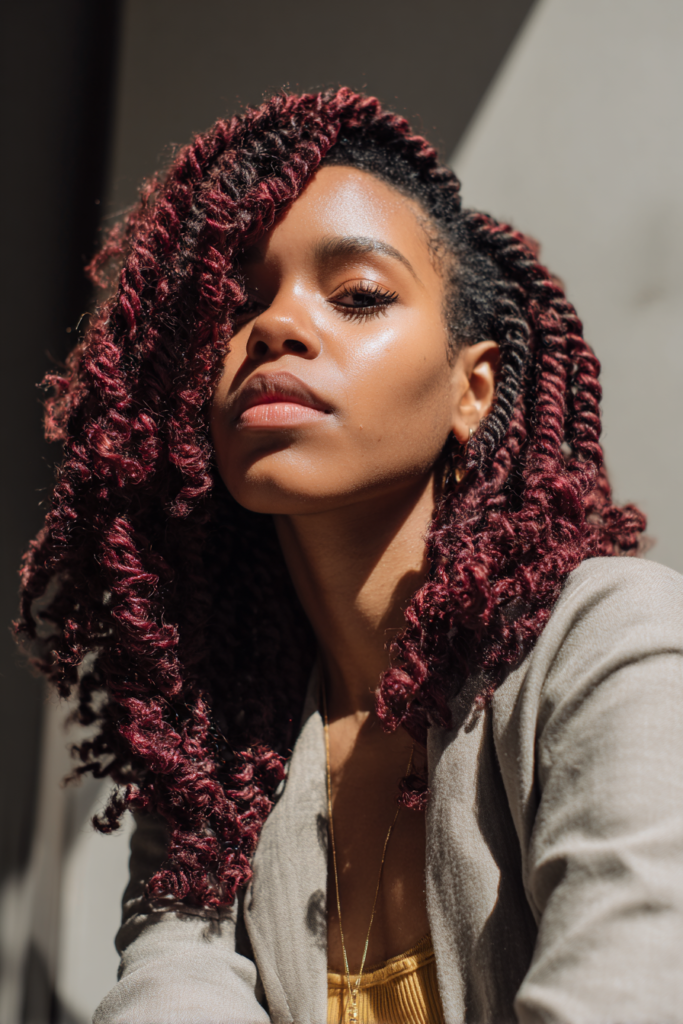 Burgundy spring twist protective hairstyle for natural hair