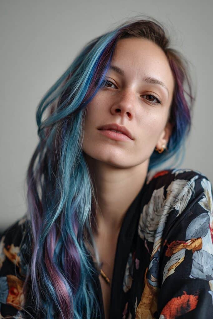 Calico hair trend with blue and purple fantasy colors