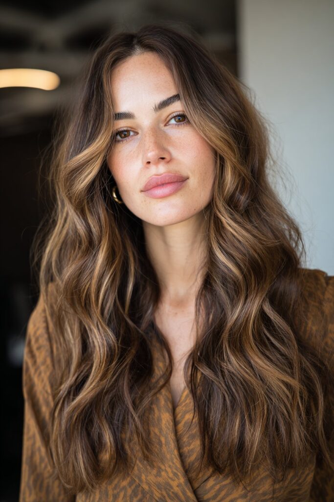 Caramel balayage highlights on dark brown hair for warm dimension