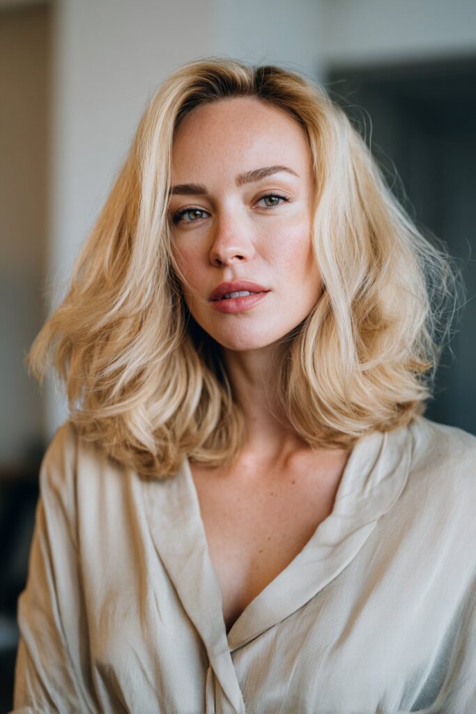 Champagne blonde hair color with soft shimmer tones