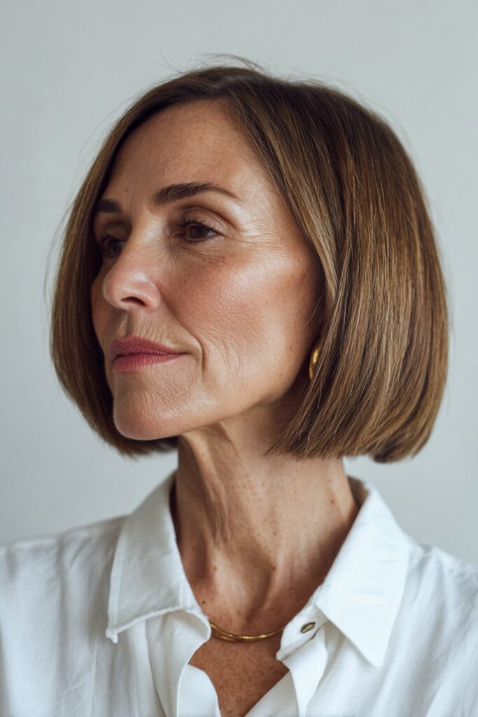 Chin-length blunt bob for women over 50 with a sleek low maintenance look