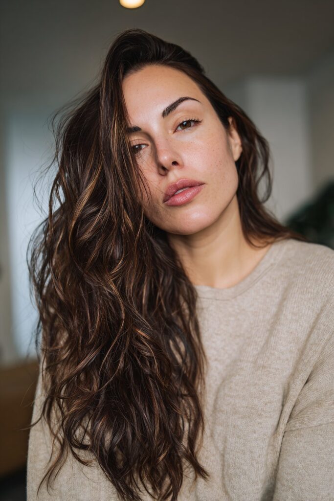 Chocolate ribbon highlights on dark brown hair