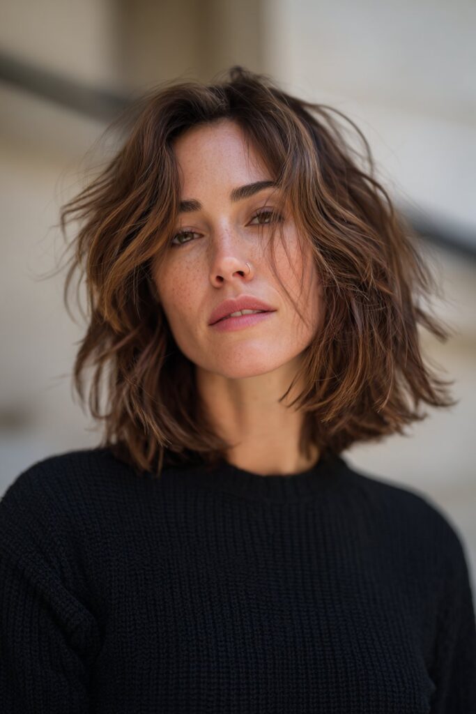 Choppy bob haircut for frizzy hair with side-swept bangs