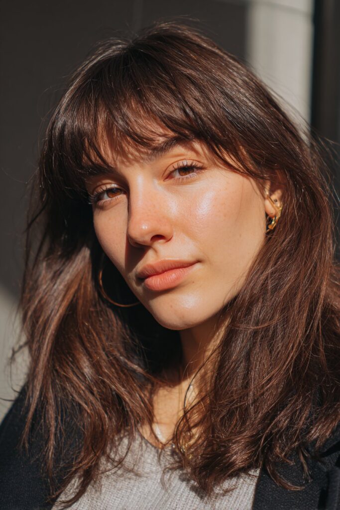 Choppy long curtain bangs with face framing layers for inverted triangle face