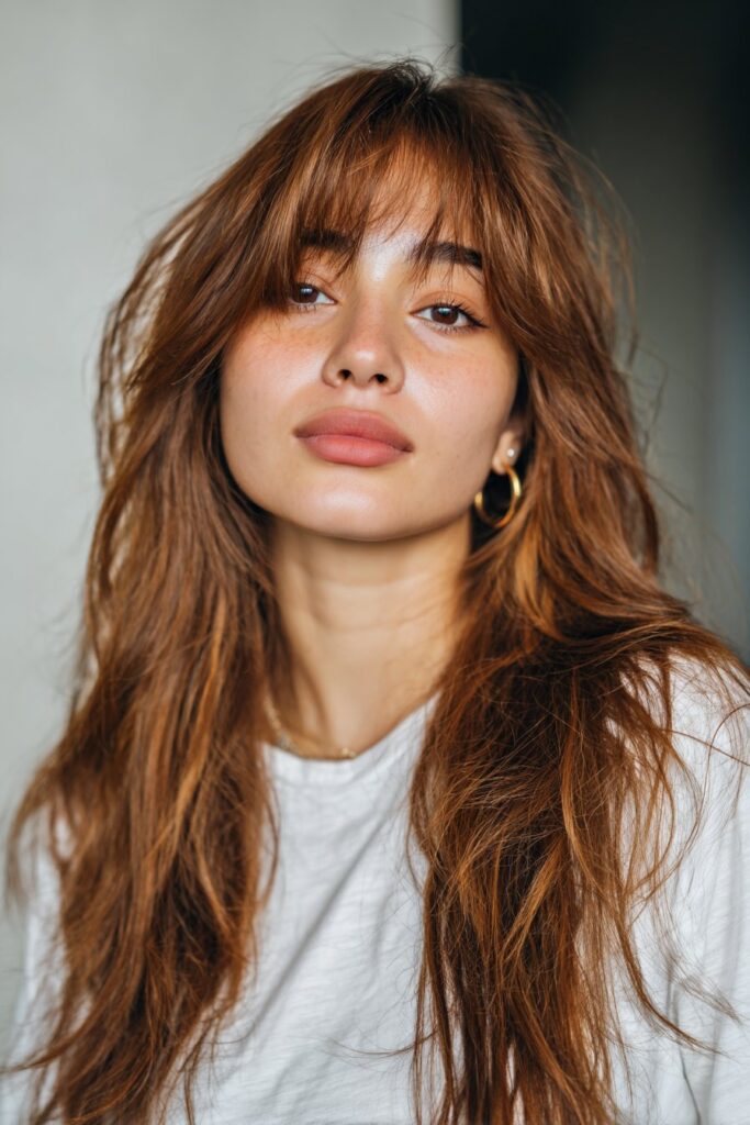 Medium length choppy layers with bangs and texture