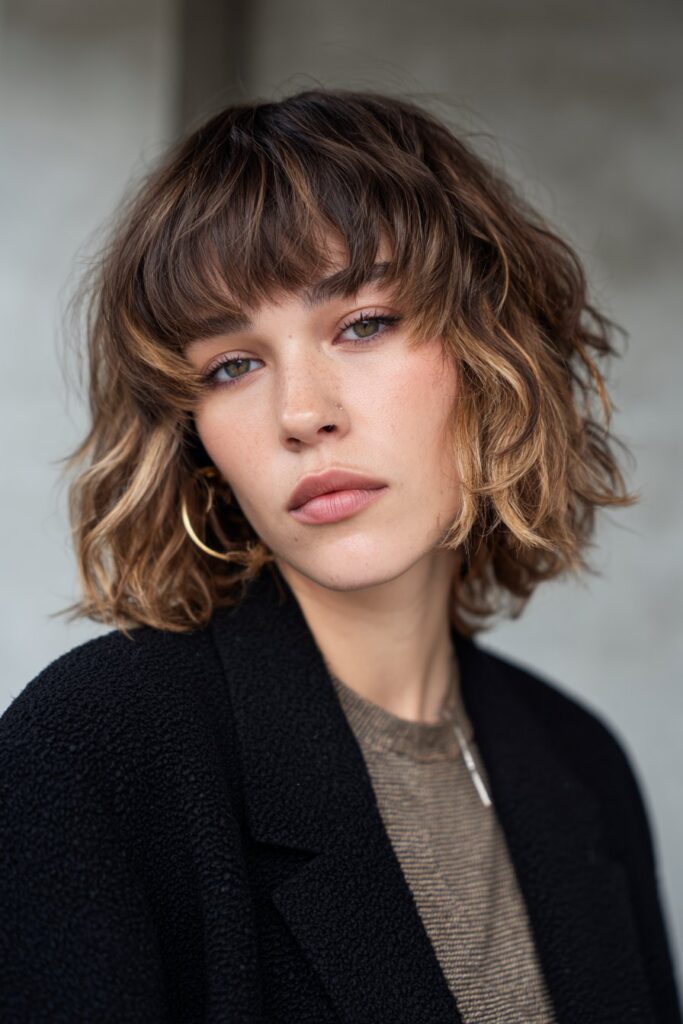 Choppy medium layered haircut with curtain bangs