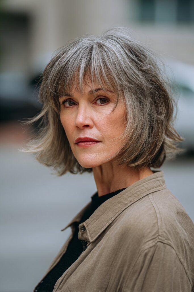 Choppy mid-length haircut for women over 50 with bangs and easy styling