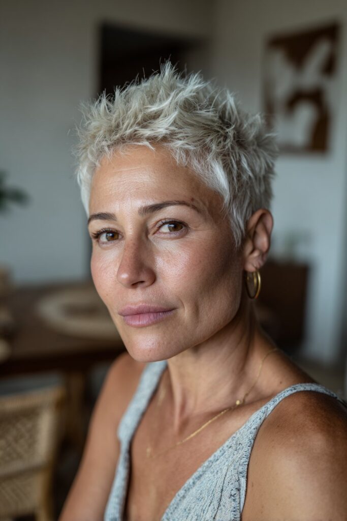 Choppy spiky pixie with wispy bangs for mature women