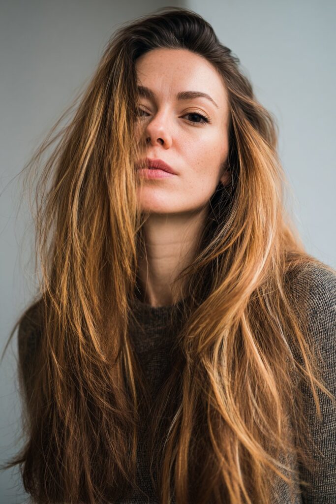 Chunky calico hair highlights with Y2K-inspired style