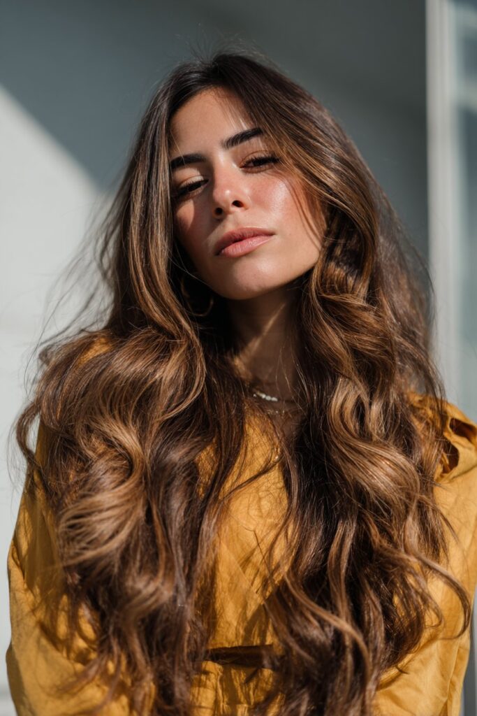 Chunky caramel highlights on dark brown hair
