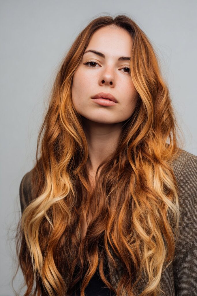 Classic calico hair with copper blonde and brunette color chunk