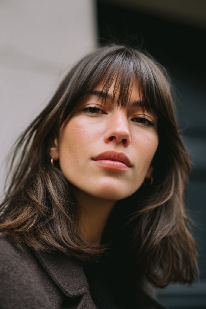 Classic center parted long curtain bangs framing the face