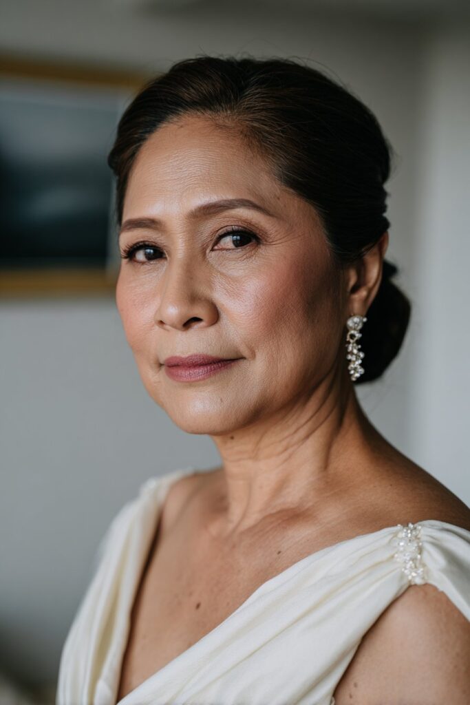 Soft waved short hairstyle with swept-back sides for mother of the bride