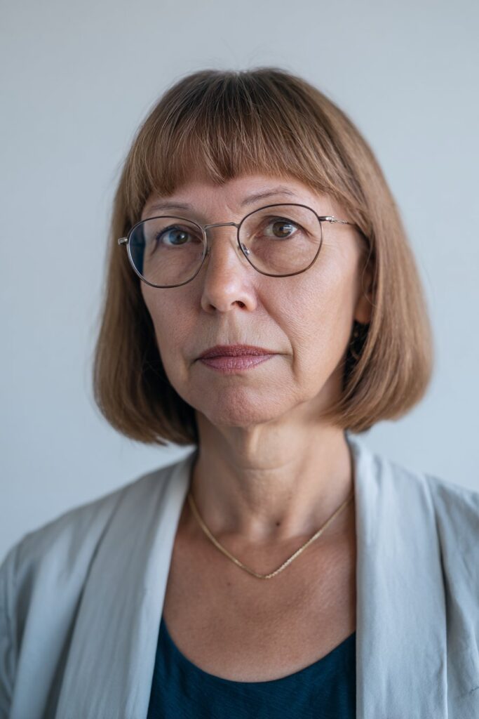 Chin-length bob haircut for women over 50 with blunt bangs
