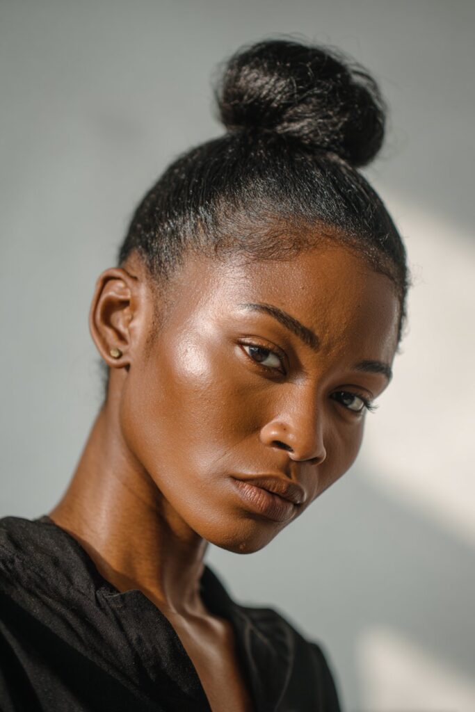 15 Gorgeous Black Hair Updo Hairstyles to Try Today 1 Classic high bun updo on natural Black hair