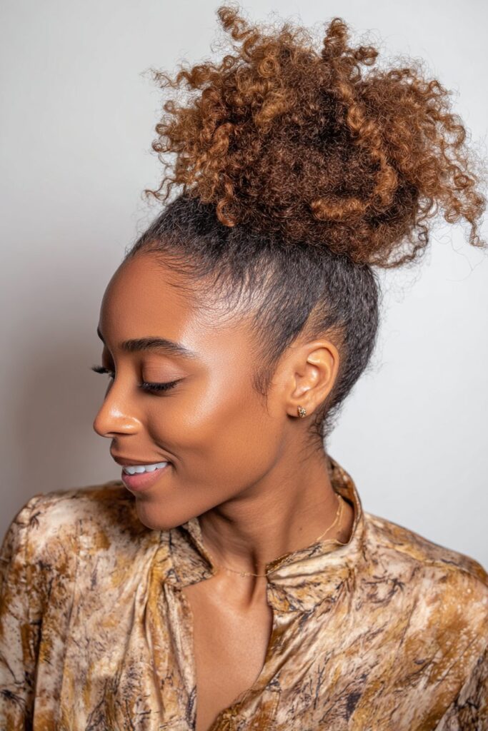 Classic high curly bun hairstyle on Black hair