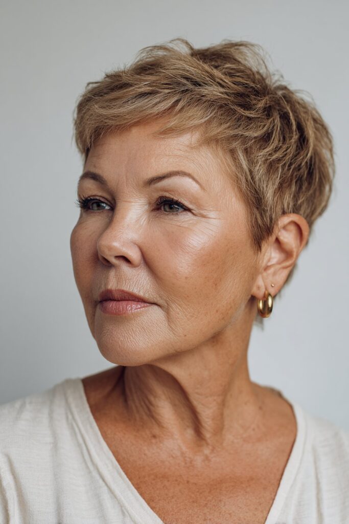 Classic pixie haircut for women over 60 adding volume at the crown