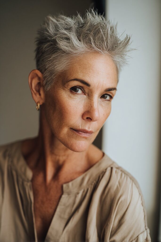 Classic spiky pixie cut for older women with textured layers