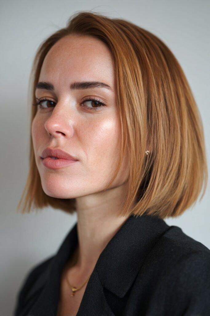 Collarbone-length blunt haircut with curtain bangs