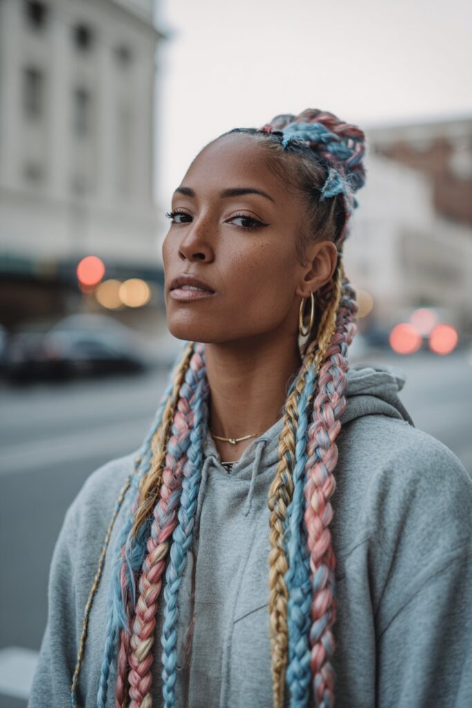 Colored jumbo knotless braids with vibrant tones