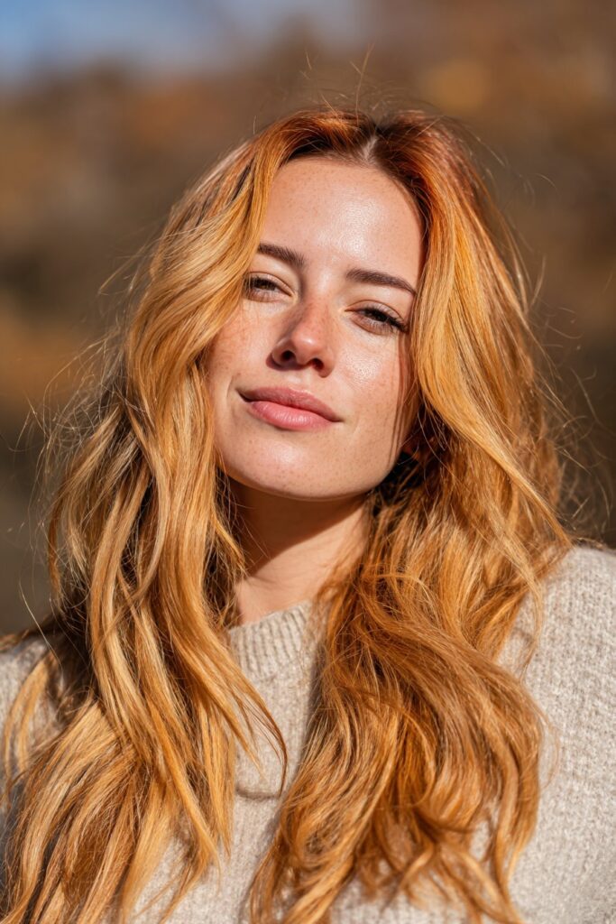 Copper blonde hair color with warm glowing tones