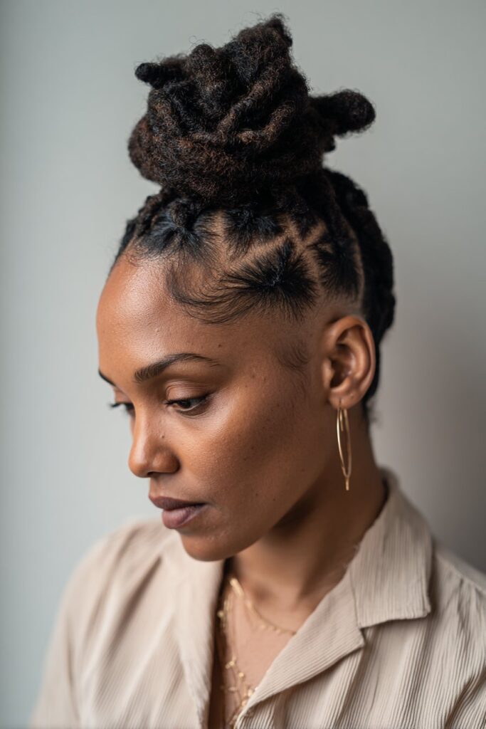 Crisscrossed locs styled into a voluminous bun