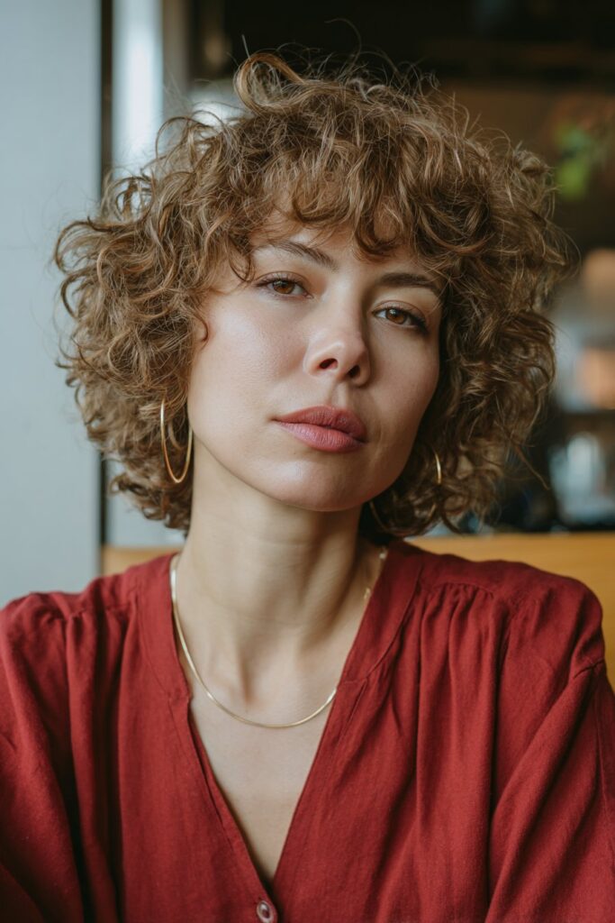 Curly shag haircut for frizzy hair with curtain bangs and volume